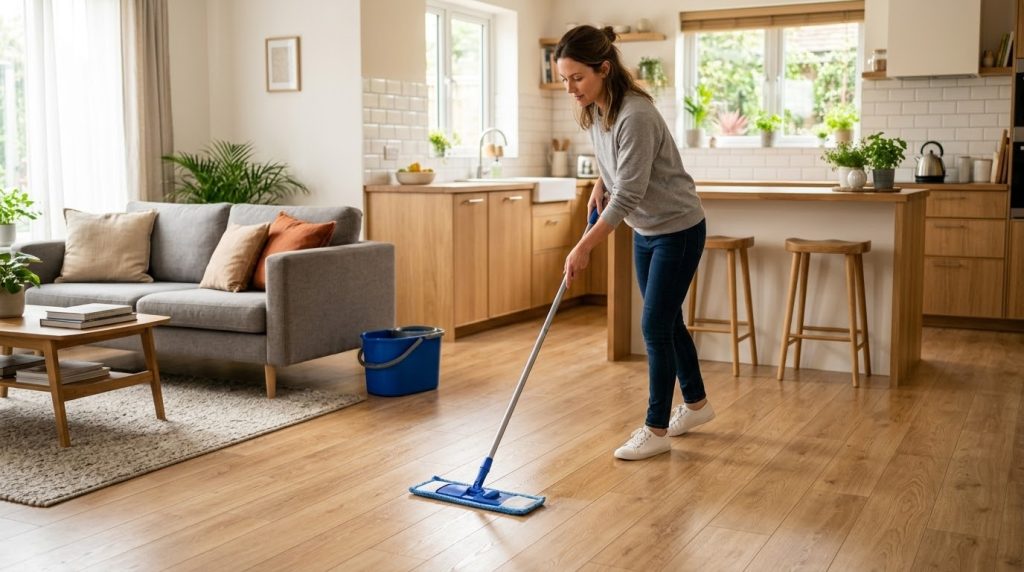Vệ sinh sàn gỗ công nghiệp đúng cách để hạn chế ẩm nước