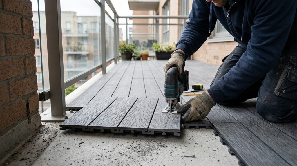 Cắt ghép vỉ gỗ ngoài trời theo góc ban công