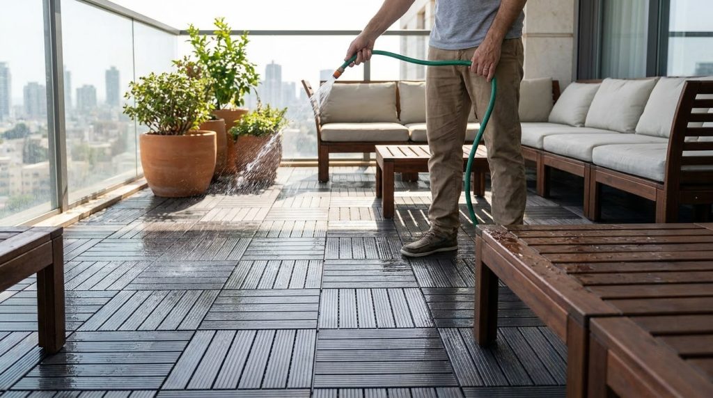 Vệ sinh sàn gỗ ngoài trời sau khi cải tạo ban công