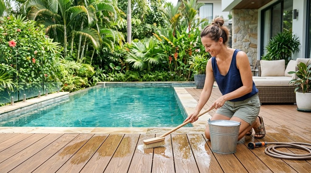 Vệ sinh sàn gỗ hồ bơi bằng nước và bàn chải mềm