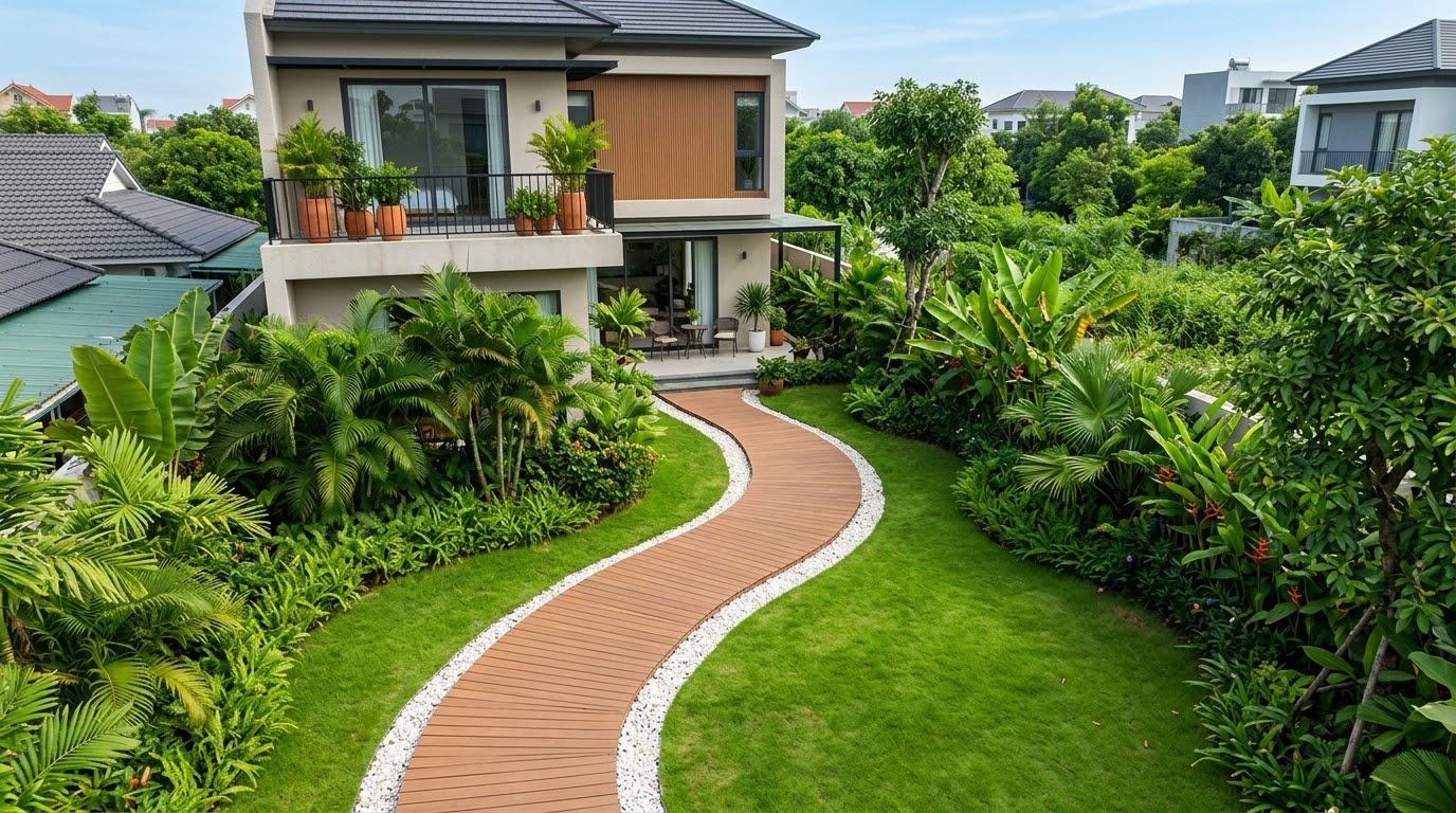Thiết kế lối đi cong bằng sàn gỗ AWOOD cho sân vườn nhà phố