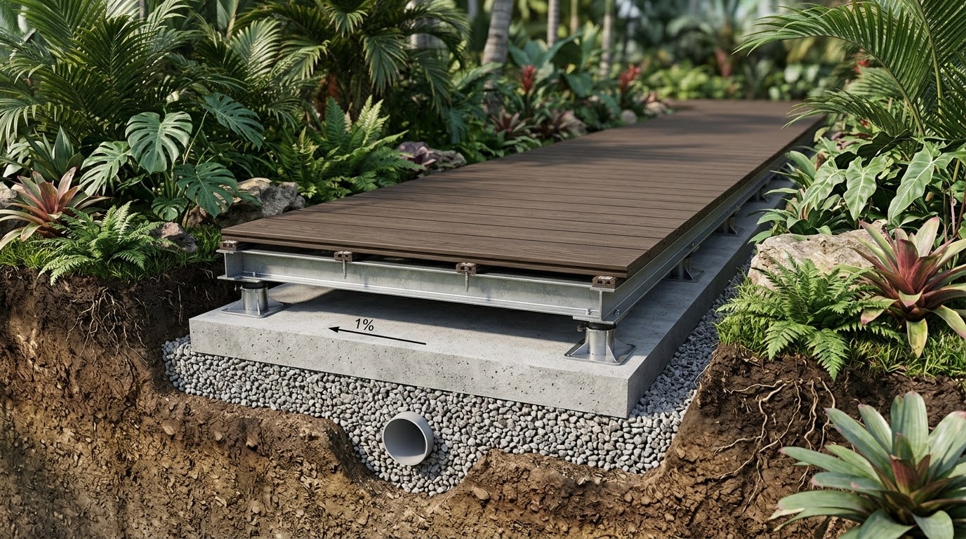 Kết cấu khung xương thi công sàn gỗ ngoài trời AWOOD sân vườn