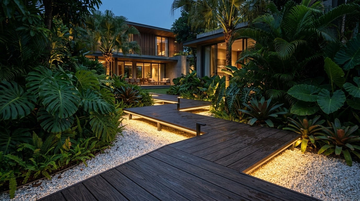 Lối đi nổi AWOOD kết hợp đèn LED cho sân vườn Phường Tân Hưng