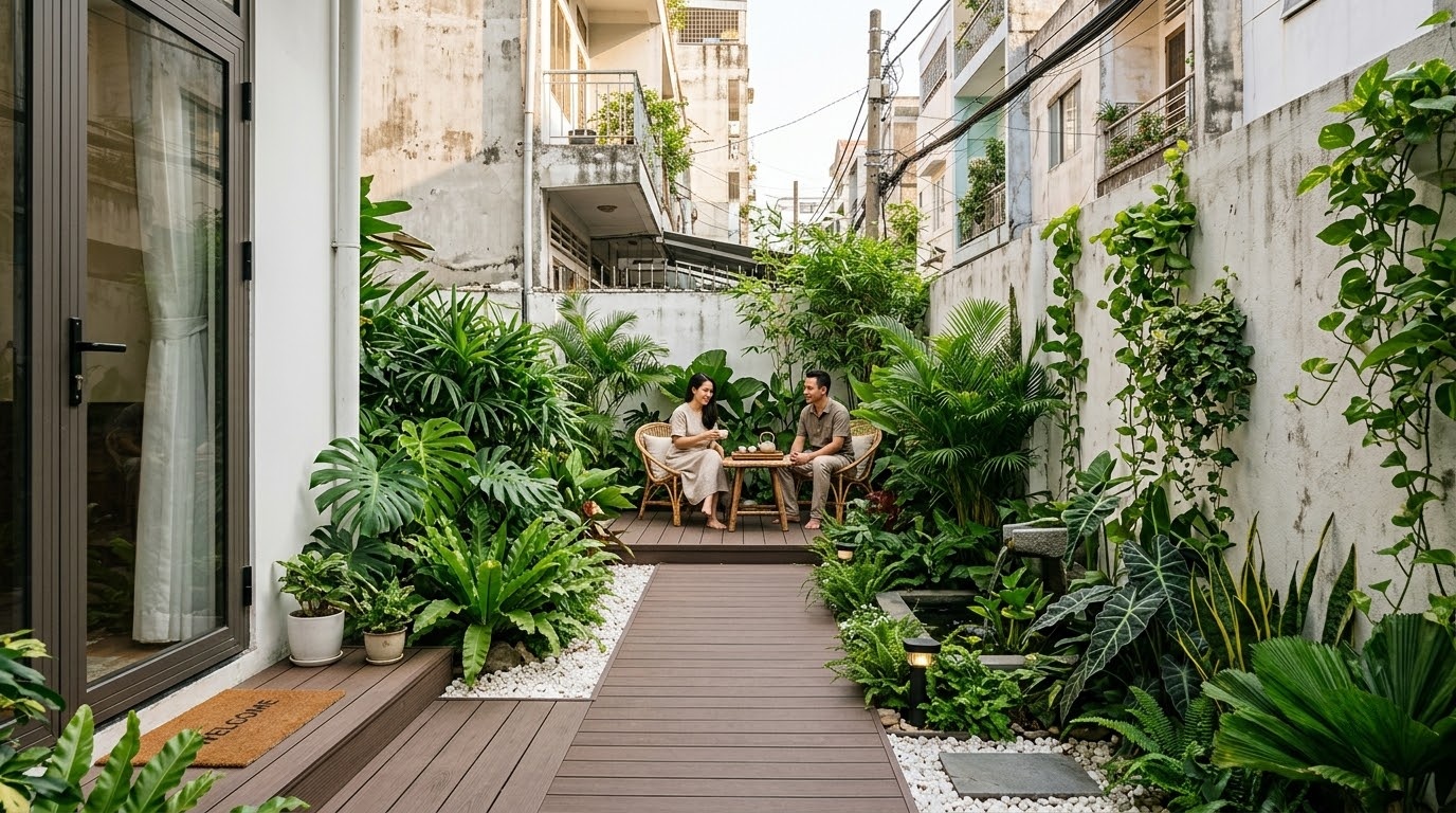 Cải tạo sân sau nhà phố Phường Tân Hưng bằng sàn gỗ ngoài trời