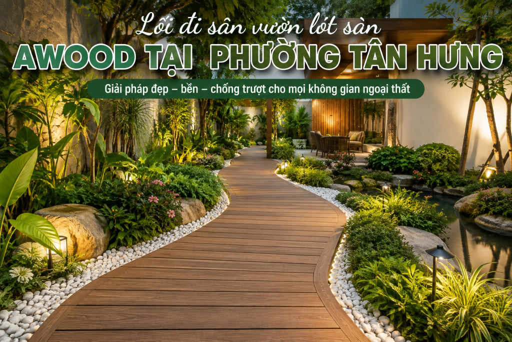 Lối đi sân vườn lót sàn gỗ ngoài trời AWOOD tại Phường Tân Hưng kết hợp cây xanh, sỏi trắng và đèn cảnh quan.