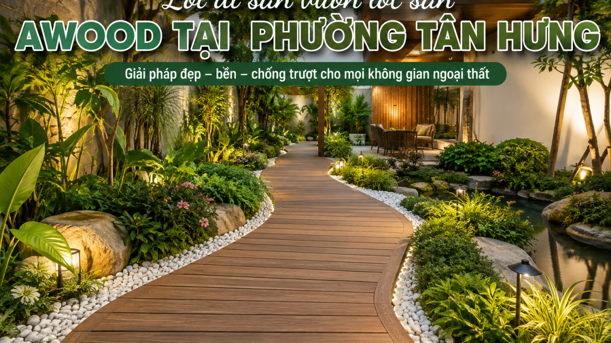 Lối đi sân vườn lót sàn gỗ ngoài trời AWOOD tại Phường Tân Hưng kết hợp cây xanh, sỏi trắng và đèn cảnh quan.