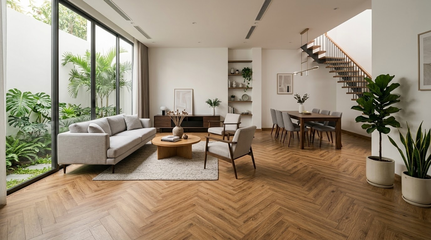 Sàn gỗ xương cá Dream Classy cho phòng khách hiện đại