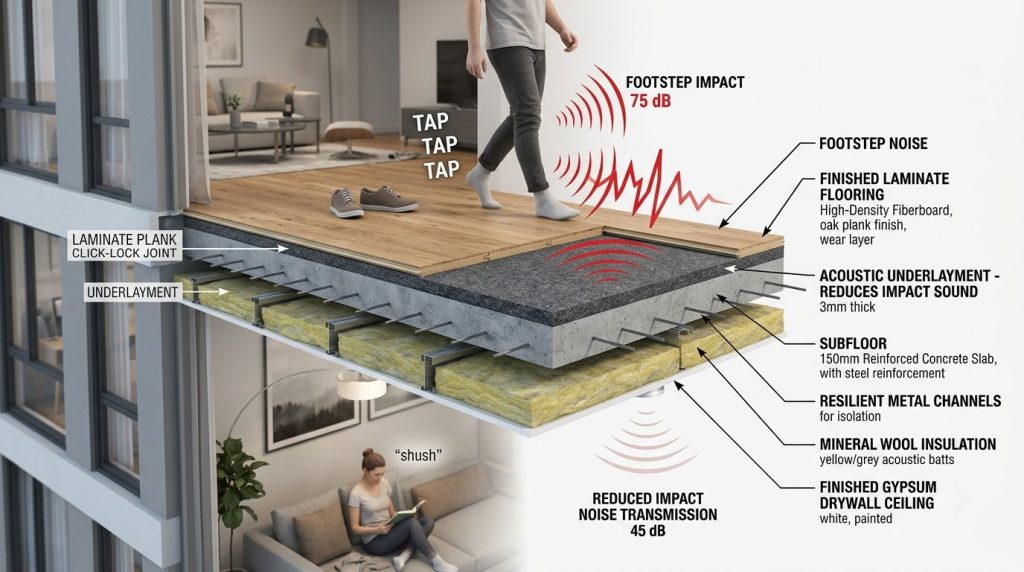 Lớp foam giúp sàn gỗ công nghiệp giảm tiếng ồn hiệu quả