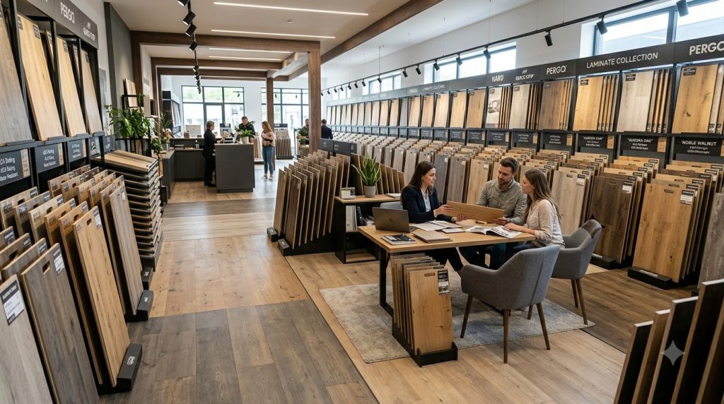 Showroom trưng bày nhiều mẫu sàn gỗ công nghiệp cao cấp