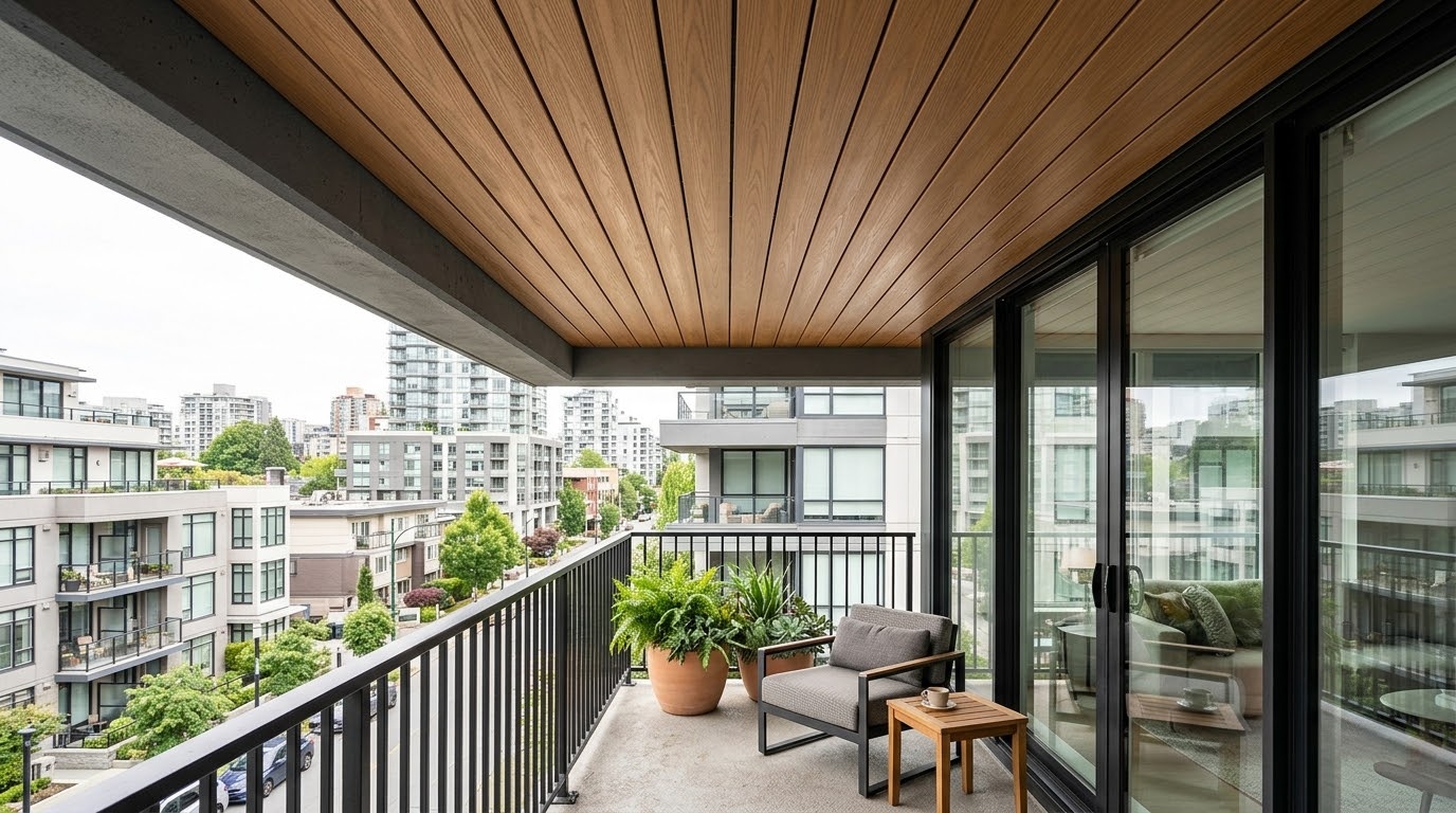 Gỗ nhựa ốp trần ban công màu teak với hệ trần phẳng, lan can kim loại và cây xanh trang trí.