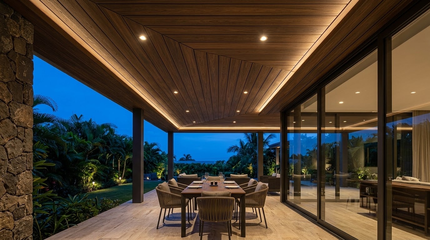 Thiết kế trần gỗ nhựa ngoài trời kết hợp đèn LED âm trần và hệ chiếu sáng trang trí hiện đại.