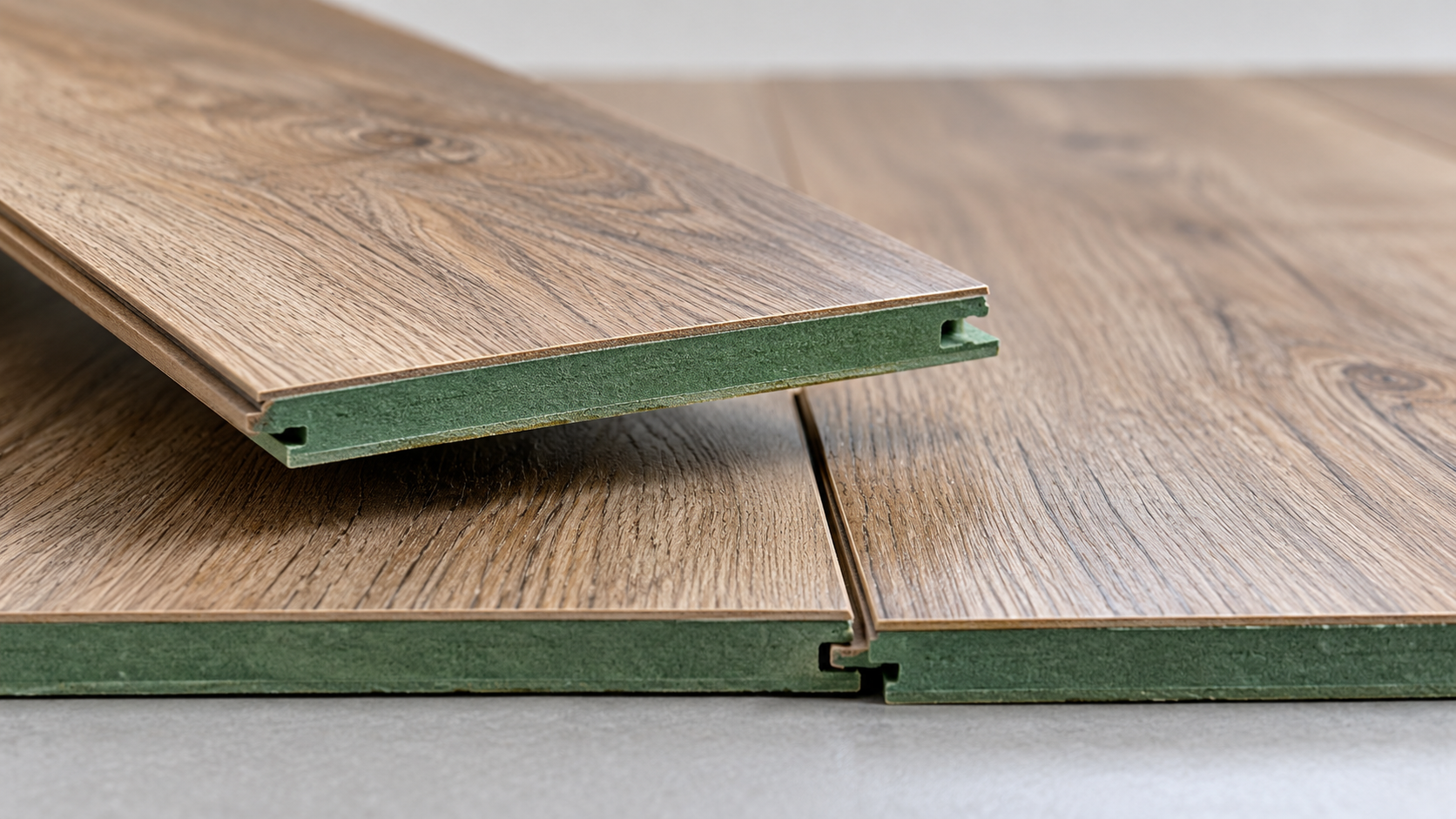 Ảnh thực tế cận cảnh nhiều tấm sàn gỗ Dream Floor 8mm đặt cạnh nhau, một tấm được dựng nghiêng để nhìn rõ độ dày 8 mm, bề mặt vân gỗ, cạnh hèm khóa và