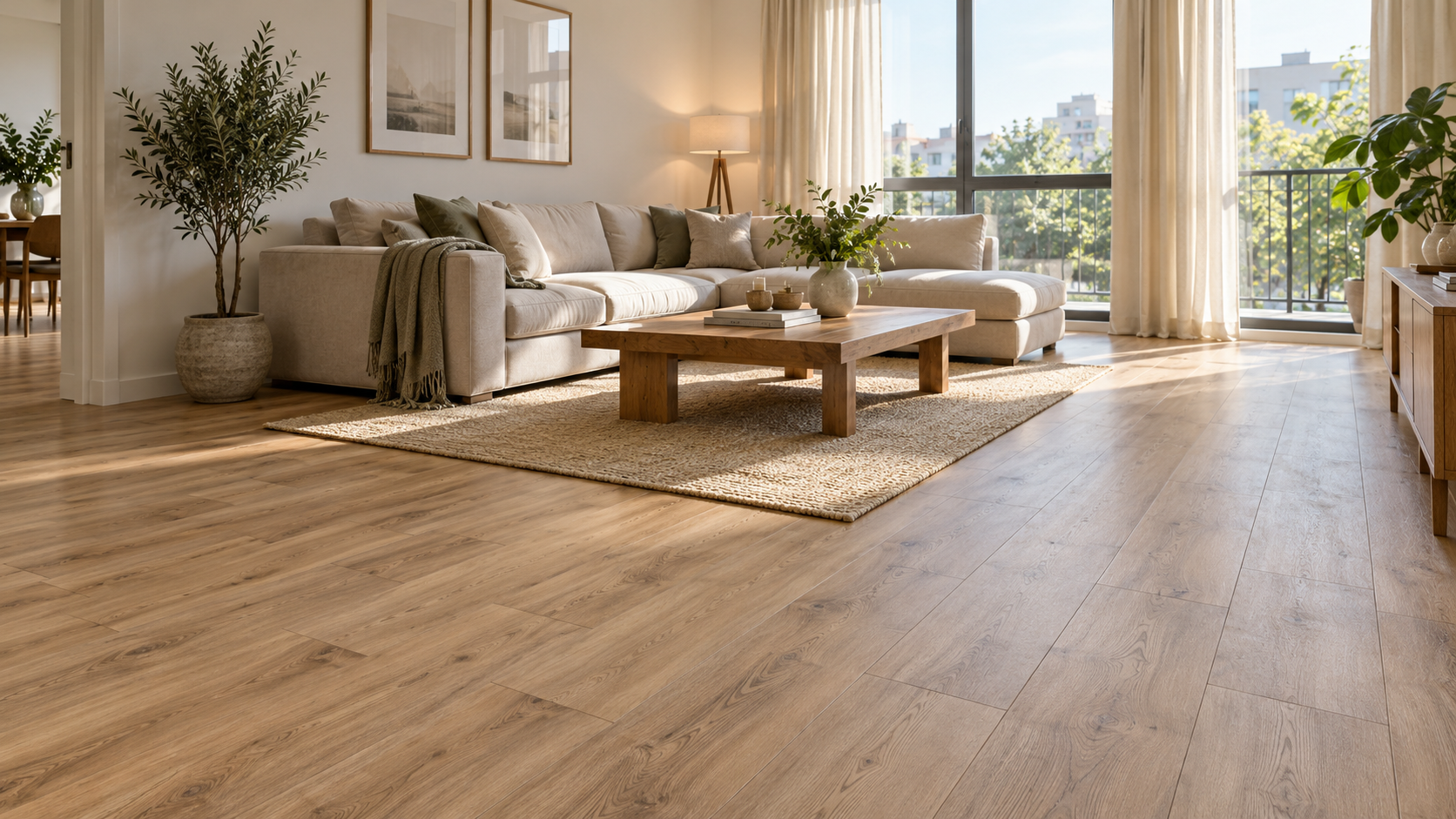 Ảnh thực tế phòng khách căn hộ hiện đại hoàn thiện bằng sàn Dream Floor 8mm tông nâu sáng, sofa trung tính, bàn gỗ, rèm sáng màu và ánh sáng cửa sổ tự