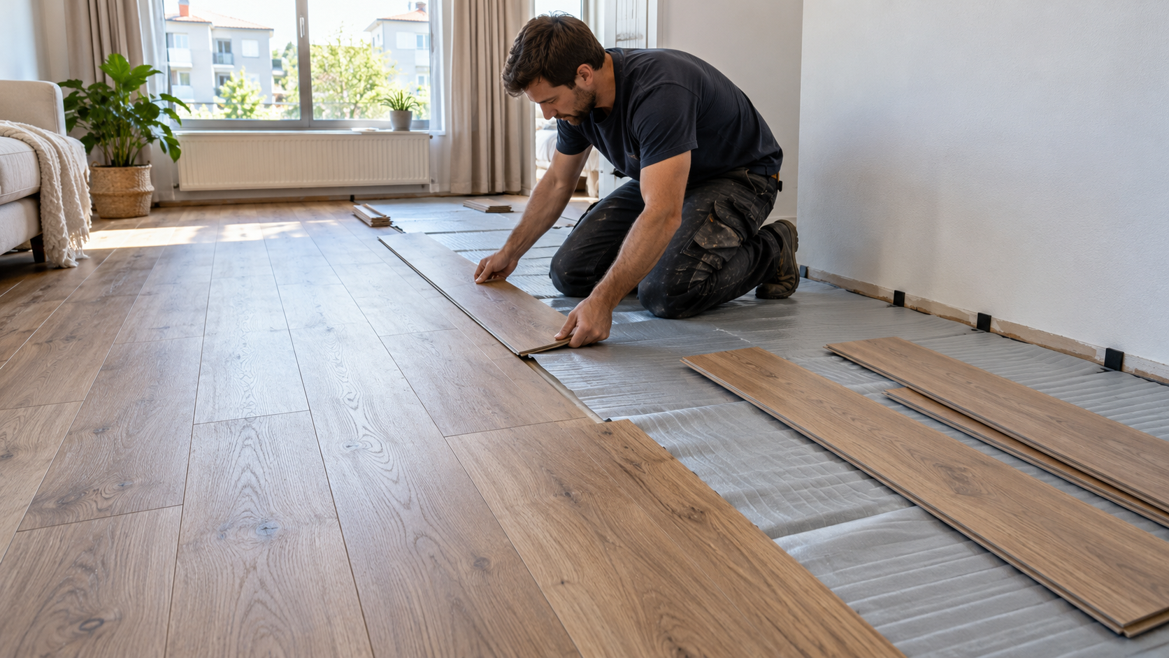 Ảnh thực tế thợ thi công sàn gỗ Dream Floor 8mm trong căn hộ, khoảng một nửa diện tích đã hoàn thiện và phần còn lại đang lắp; nhìn rõ lớp lót, hèm kh